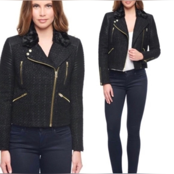 Juicy Couture Black Tweed Moto Jacket with Gold Zippers And Pink Quilted Lining. - Picture 14 of 15